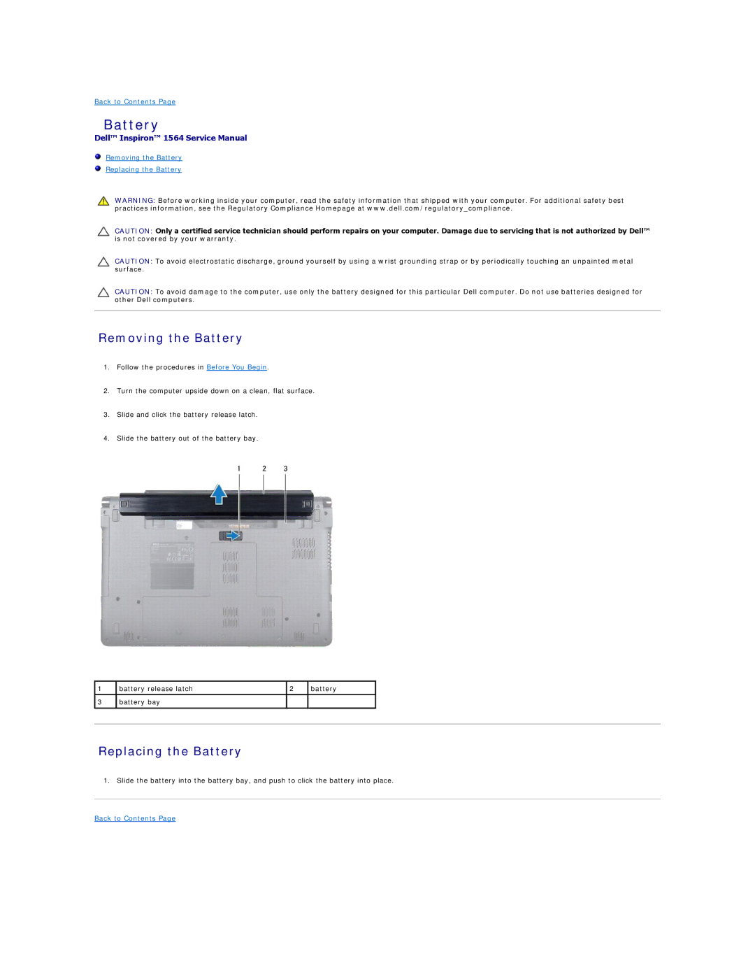 Dell 1564 manual Removing the Battery, Replacing the Battery 