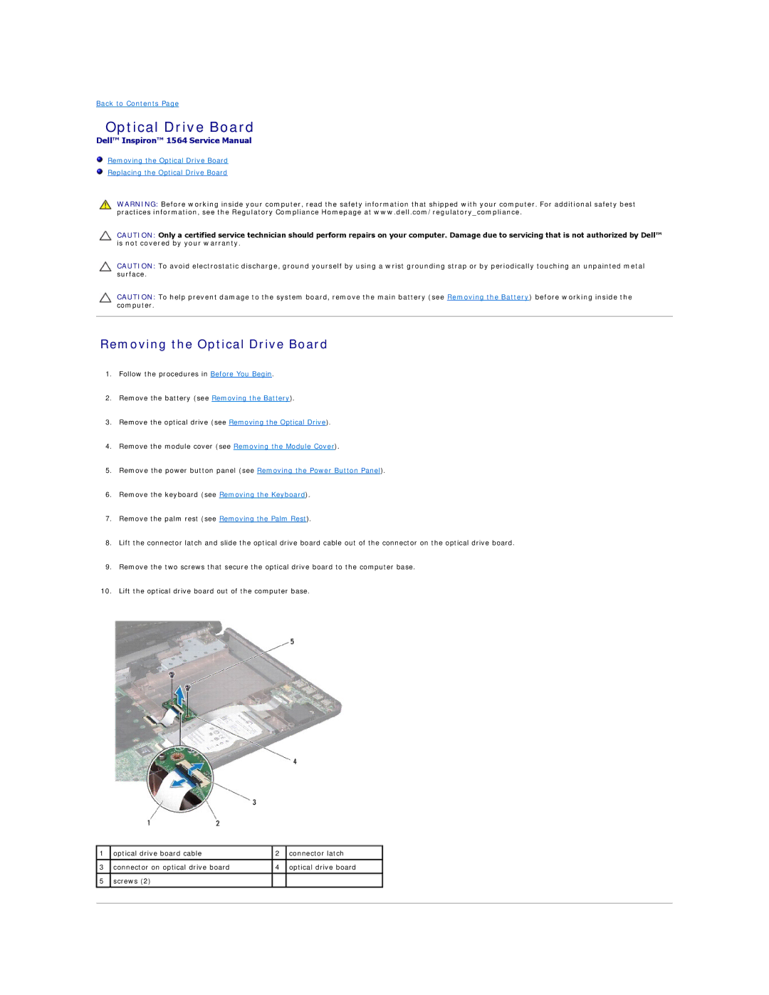 Dell 1564 manual Removing the Optical Drive Board 