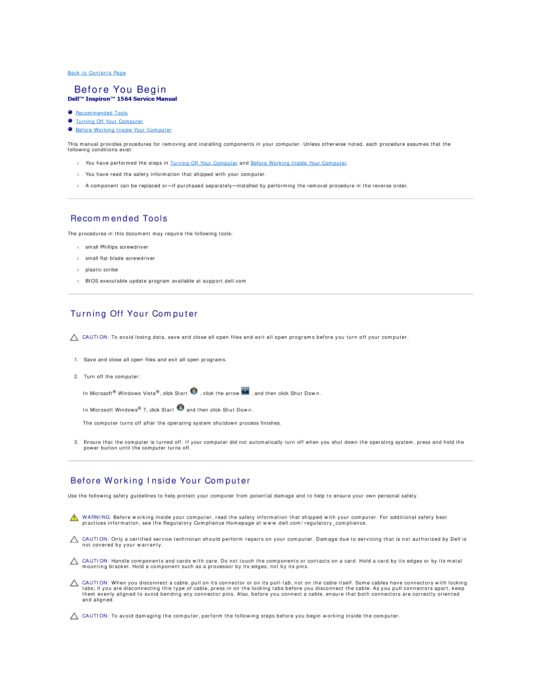 Dell 1564 manual Before You Begin, Recommended Tools, Turning Off Your Computer, Before Working Inside Your Computer 