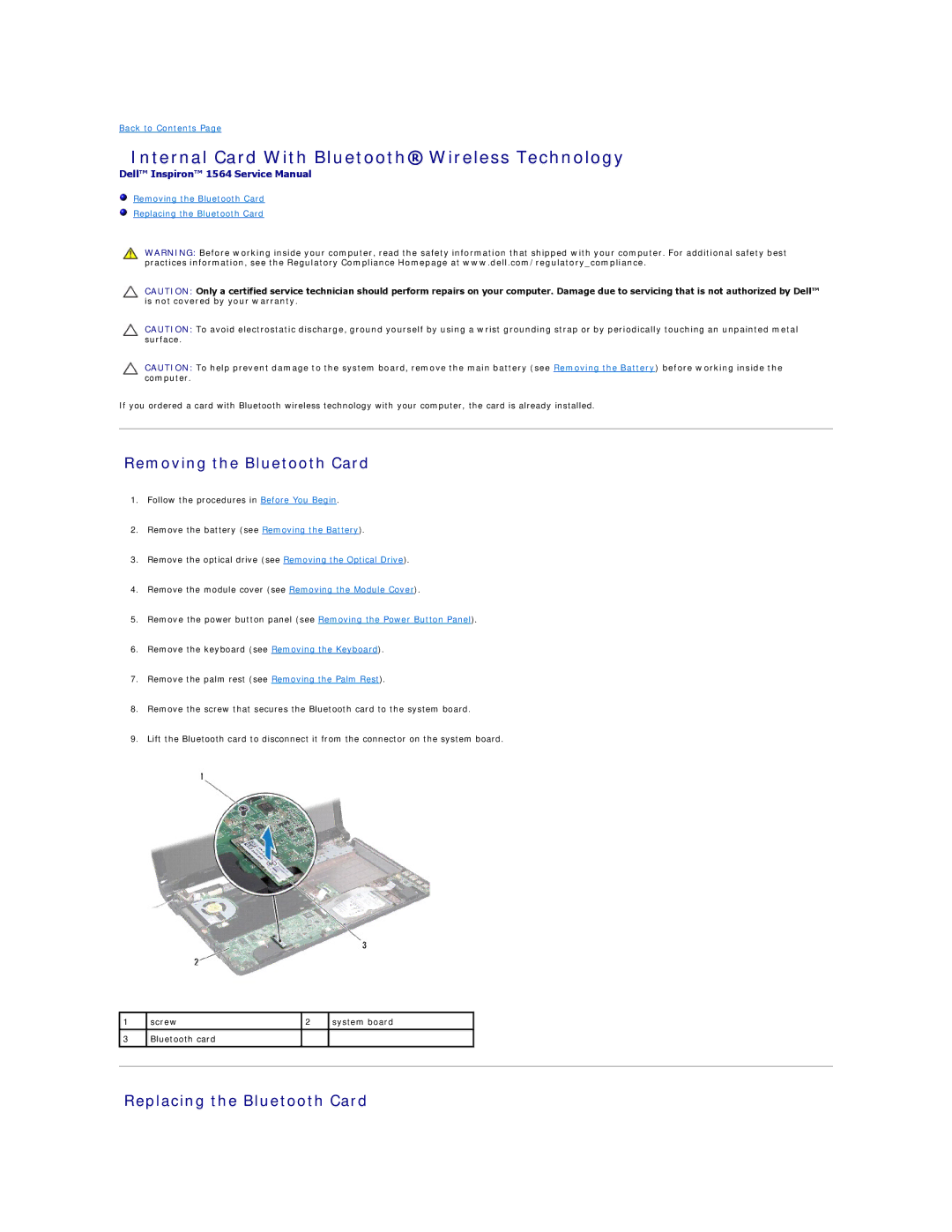 Dell 1564 Internal Card With Bluetooth Wireless Technology, Removing the Bluetooth Card, Replacing the Bluetooth Card 