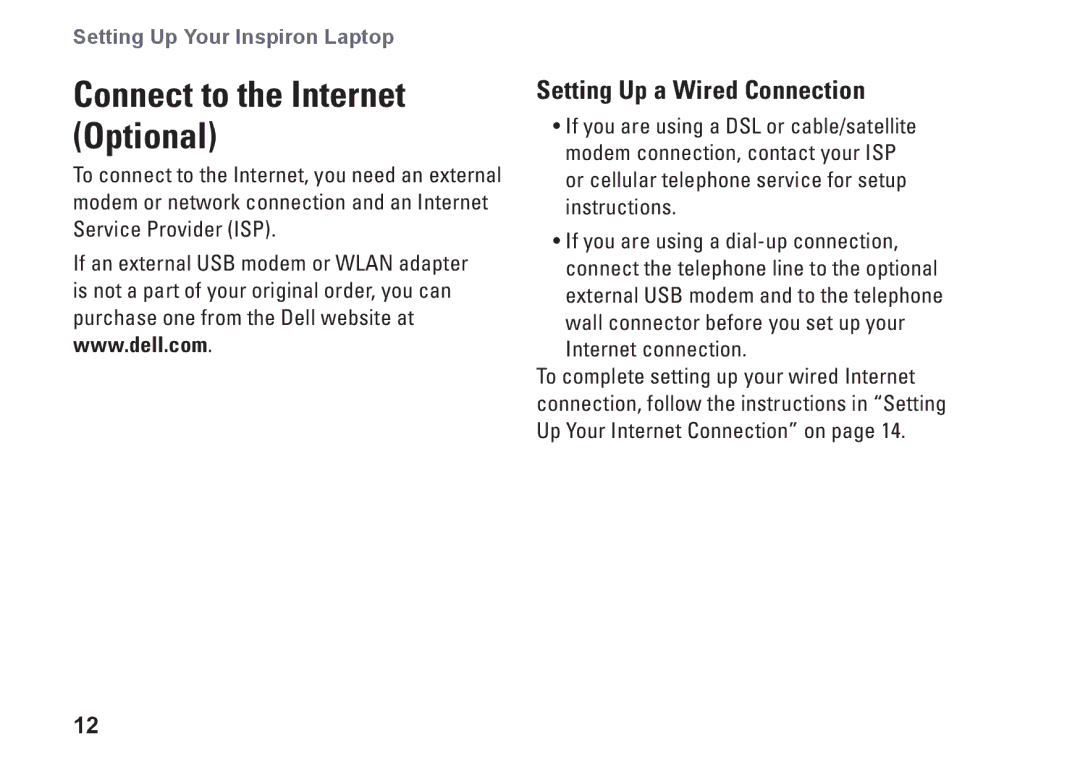 Dell 1570, 81TR2, 1470, P04G series, P04F001, P04F series Connect to the Internet Optional, Setting Up a Wired Connection 