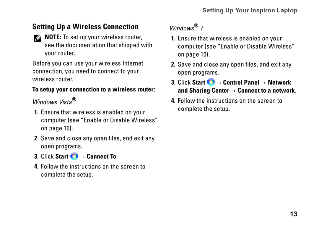 Dell 81TR2, 1570, 1470, P04G series, P04F001, P04F series, P04G001 Setting Up a Wireless Connection, Click Start → Connect To 