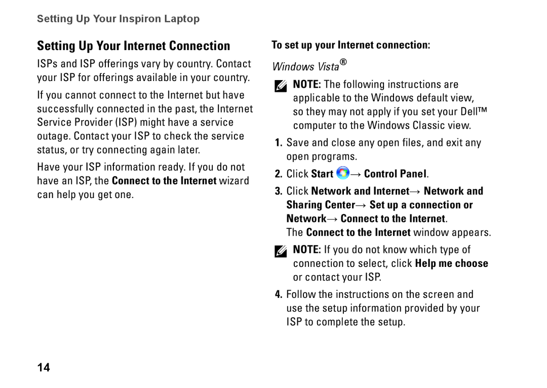 Dell 1470, 1570, 81TR2 Setting Up Your Internet Connection, To set up your Internet connection, Click Start → Control Panel 