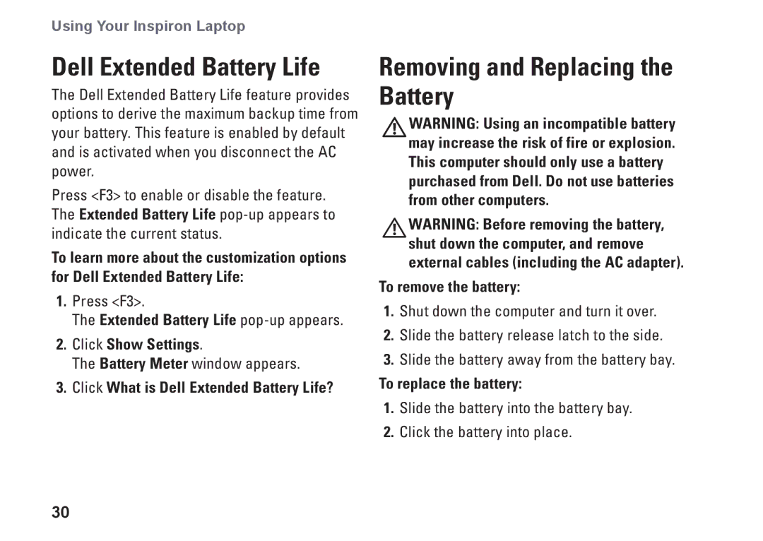 Dell P04F001, 1570, 81TR2, 1470, P04G series, P04F series, P04G001 Dell Extended Battery Life, Removing and Replacing Battery 