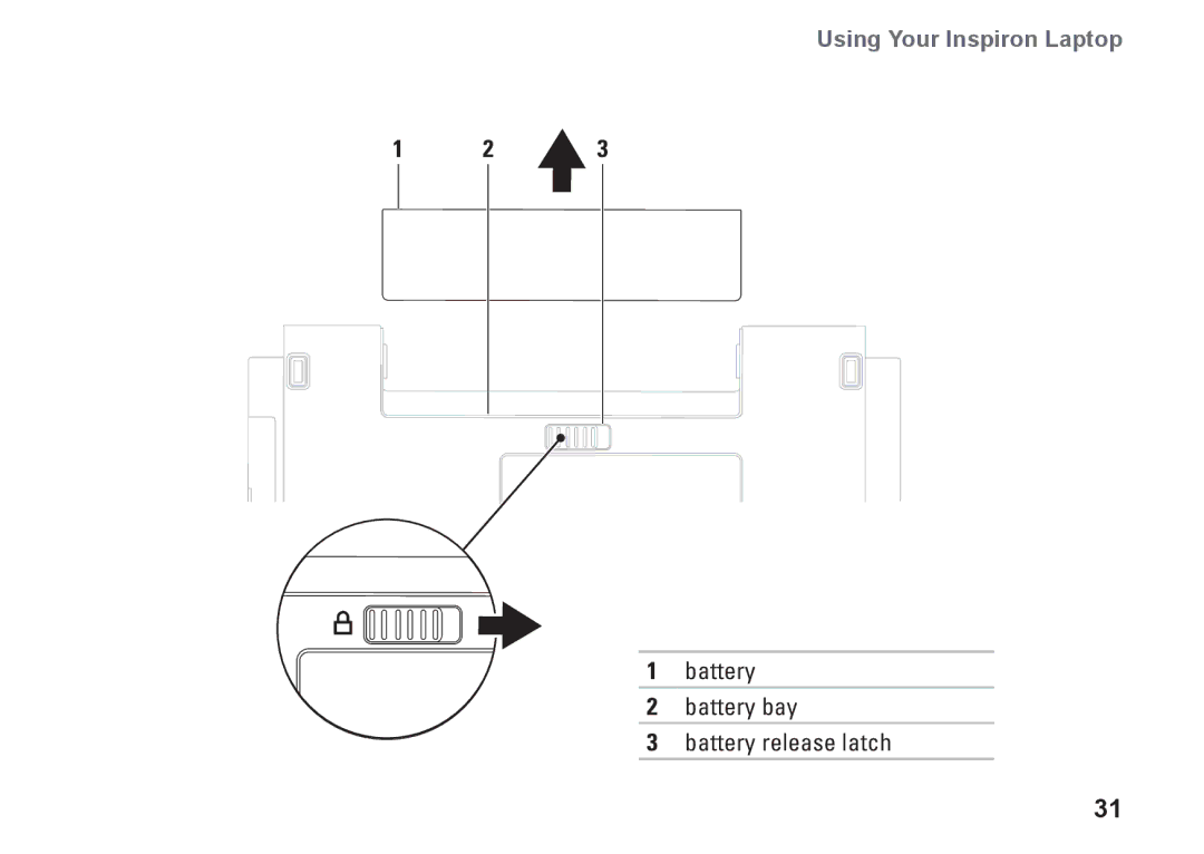 Dell P04F series, 1570, 81TR2, 1470, P04G series, P04F001, P04G001 setup guide Battery Battery bay Battery release latch 