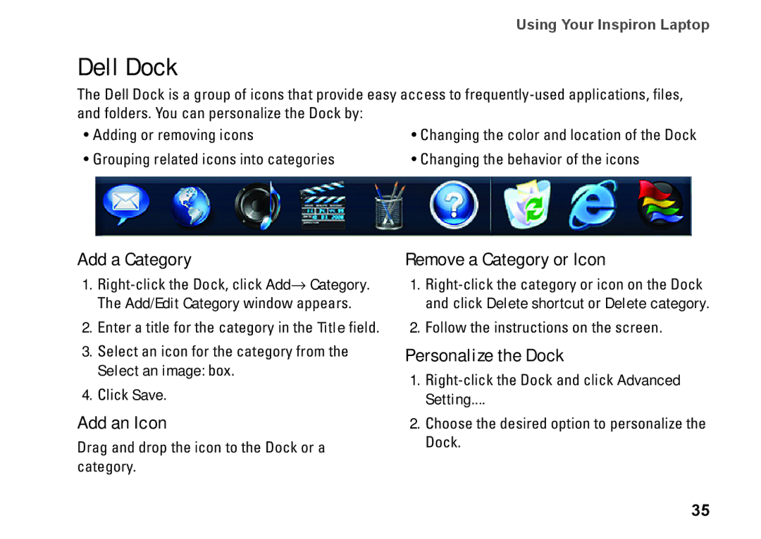 Dell 1470, 1570, 81TR2, P04G series Dell Dock, Add a Category, Add an Icon, Remove a Category or Icon, Personalize the Dock 