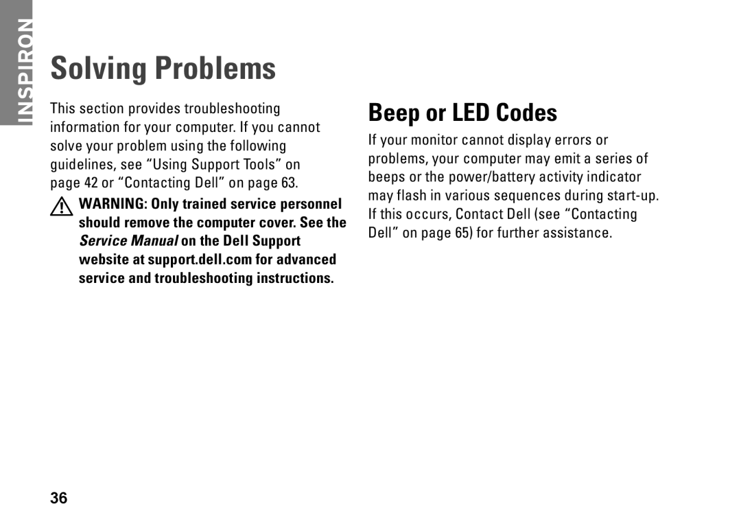 Dell P04G series, 1570, 81TR2, 1470, P04F001, P04F series, P04G001 setup guide Solving Problems, Beep or LED Codes 