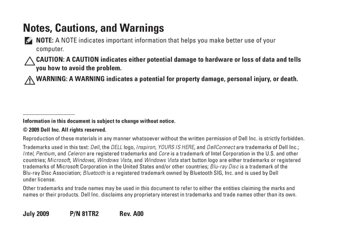 Dell P04F001, 1570, 1470, P04G series, P04F series, P04G001 setup guide July 2009 P/N 81TR2 Rev. A00, Under license 