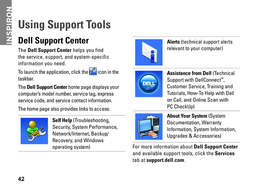 Dell 1470, 1570, 81TR2, P04G series, P04F001, P04F series Using Support Tools, Dell Support Center, About Your System System 