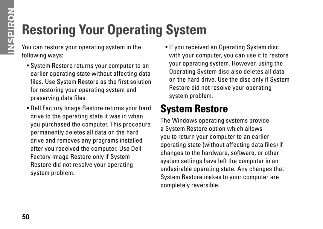 Dell P04G series, 1570, 81TR2, 1470, P04F001, P04F series, P04G001 setup guide Restoring Your Operating System, System Restore 