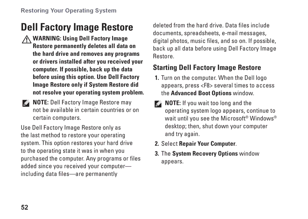 Dell P04F series, 1570, 81TR2, 1470, P04G series, P04F001, P04G001 setup guide Starting Dell Factory Image Restore 