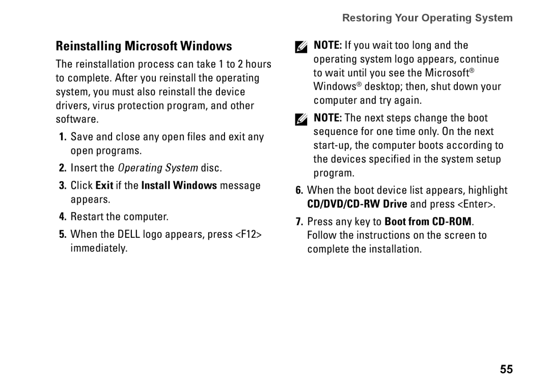 Dell 81TR2, 1570, 1470, P04G series Reinstalling Microsoft Windows, Click Exit if the Install Windows message appears 