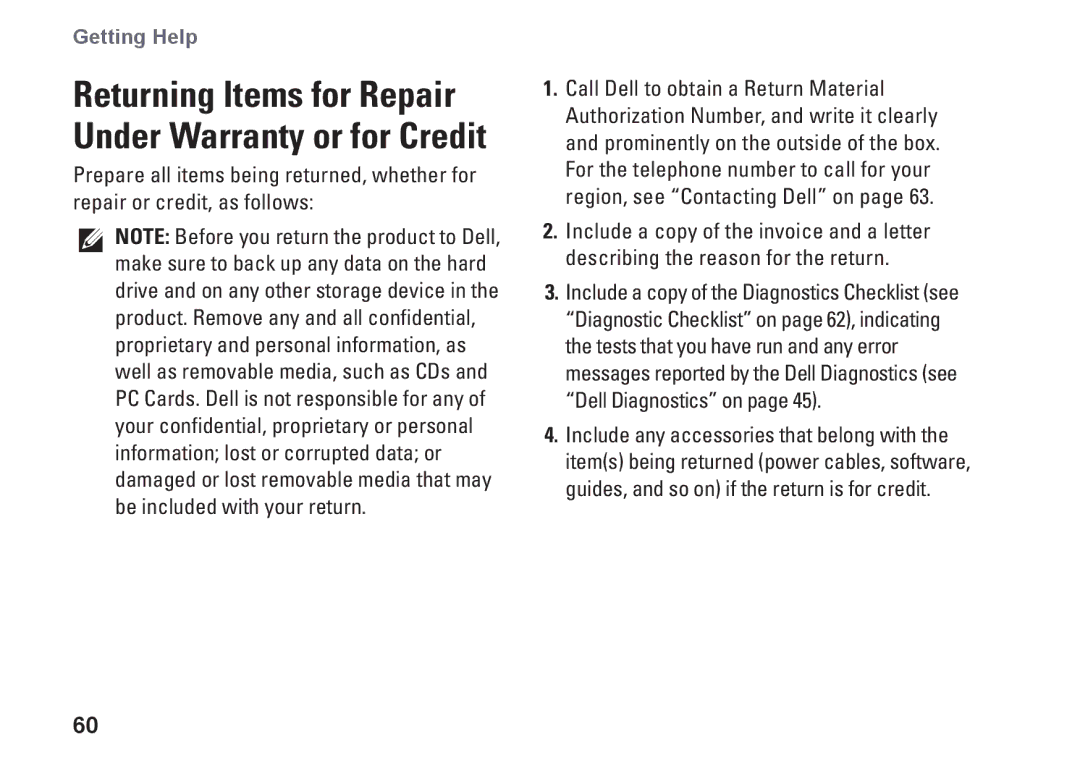 Dell P04G001, 1570, 81TR2, 1470, P04G series, P04F001, P04F series Returning Items for Repair Under Warranty or for Credit 