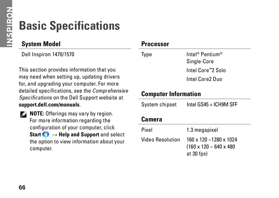 Dell P04F series, 1570, 81TR2, 1470, P04G series Basic Specifications, System Model, Processor, Computer Information, Camera 