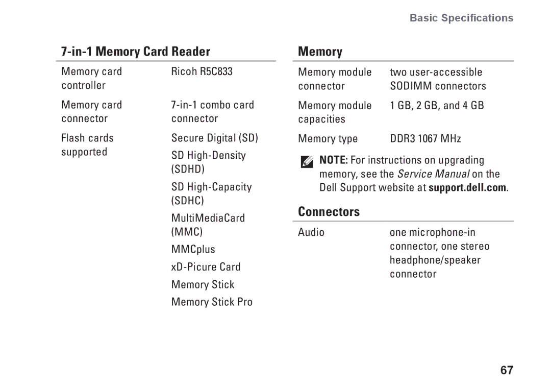 Dell P04G001, 1570, 81TR2, 1470, P04G series, P04F001, P04F series setup guide In-1 Memory Card Reader, Connectors 