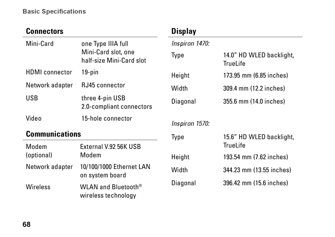 Dell 1570, 81TR2, 1470, P04G series, P04F001, P04F series, P04G001 setup guide Communications, Display 