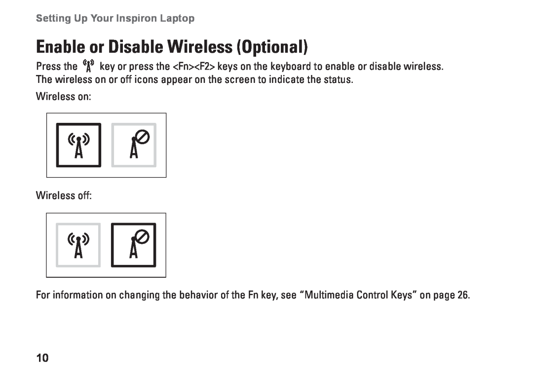 Dell P04F series, 1570, 81TR2, 1470, P04G series, P04F001 Enable or Disable Wireless Optional, Setting Up Your Inspiron Laptop 