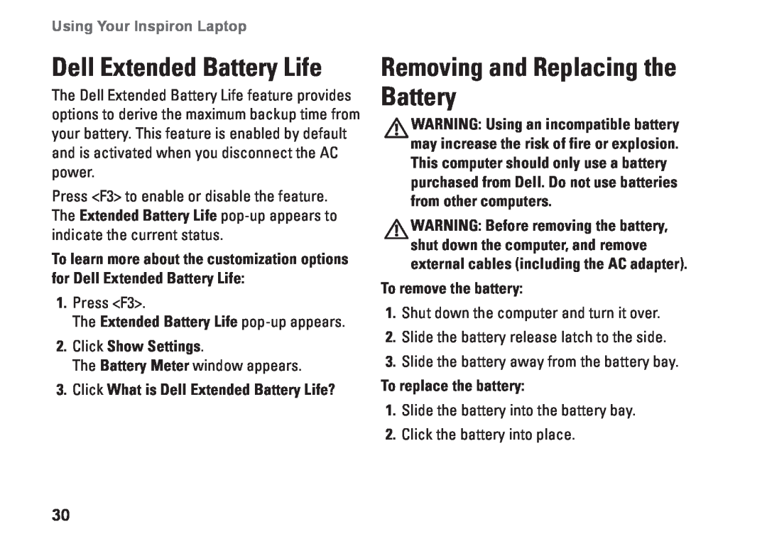 Dell P04F001 Removing and Replacing the Battery, Click What is Dell Extended Battery Life?, To remove the battery 