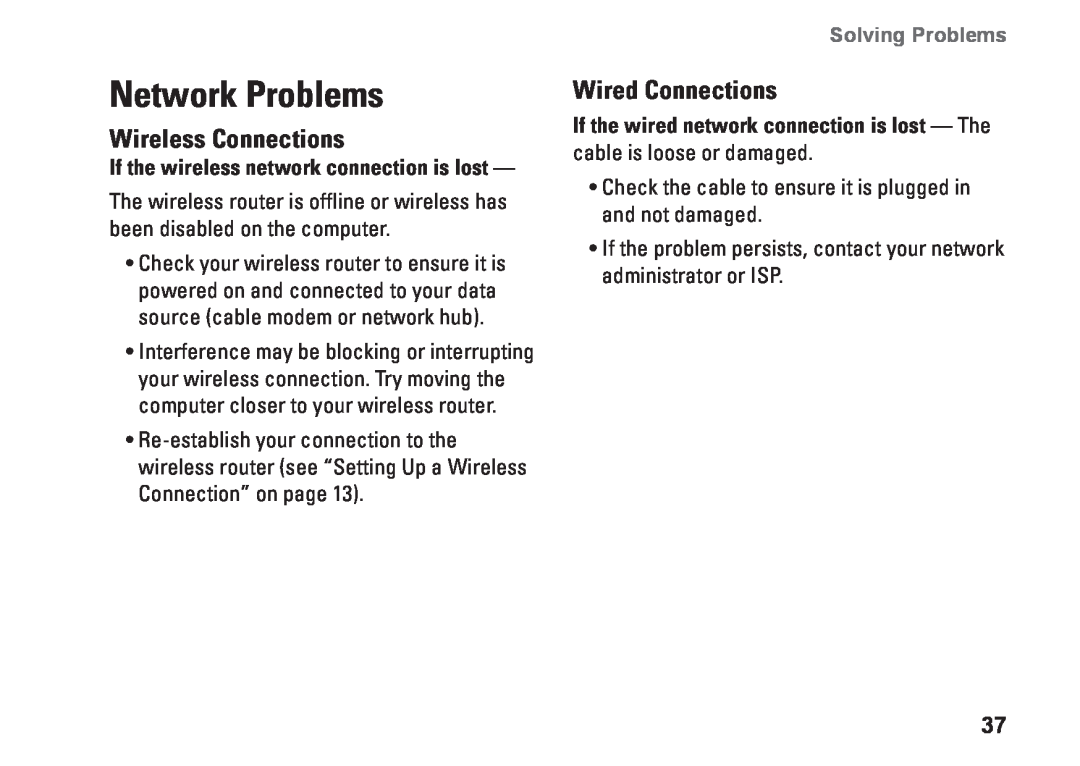 Dell P04F001, 1570, 81TR2, 1470, P04G series Network Problems, Wireless Connections, Wired Connections, Solving Problems 