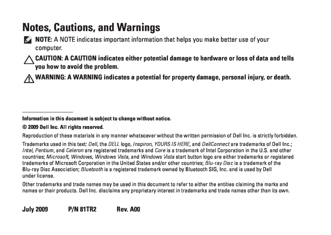 Dell P04F001, 1570, 1470, P04G series, P04F series, P04G001 Notes, Cautions, and Warnings, July 2009 P/N 81TR2 Rev. A00 