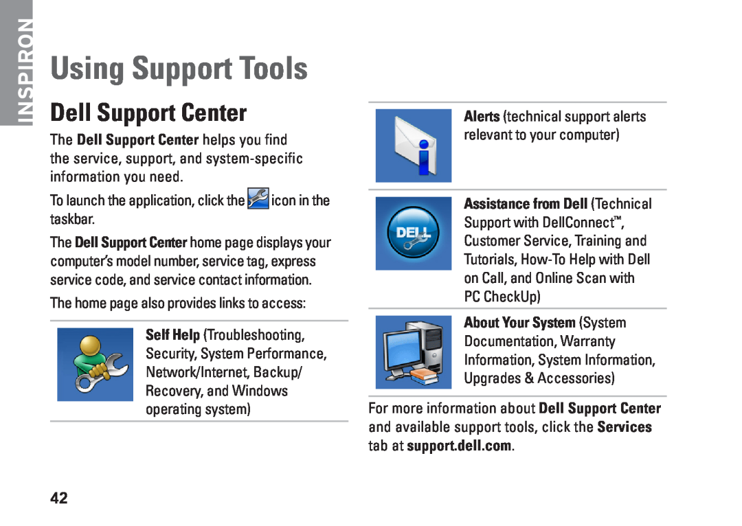 Dell 1470, 1570, 81TR2, P04G series, P04F001 Using Support Tools, Dell Support Center, About Your System System, Inspiron 