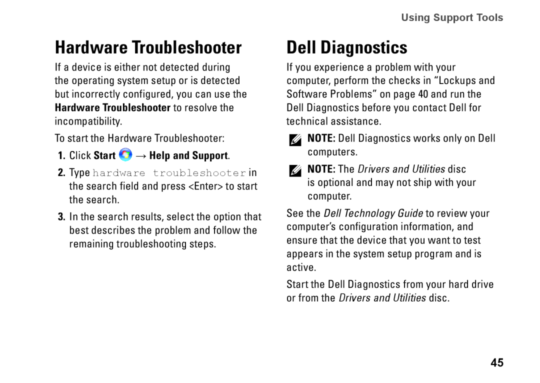 Dell P04F series, 1570, 1470 Hardware Troubleshooter, Dell Diagnostics, Click Start → Help and Support, Using Support Tools 