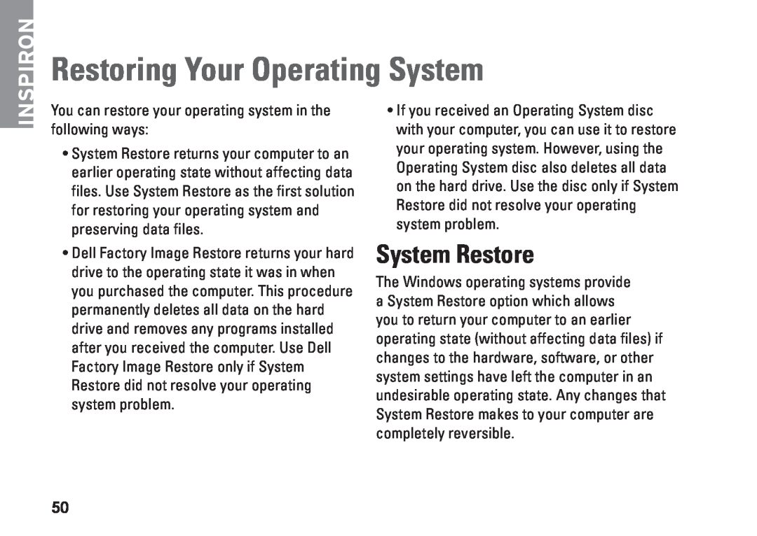 Dell P04G series, 1570, 81TR2, 1470, P04F001, P04F series, P04G001 Restoring Your Operating System, System Restore, Inspiron 