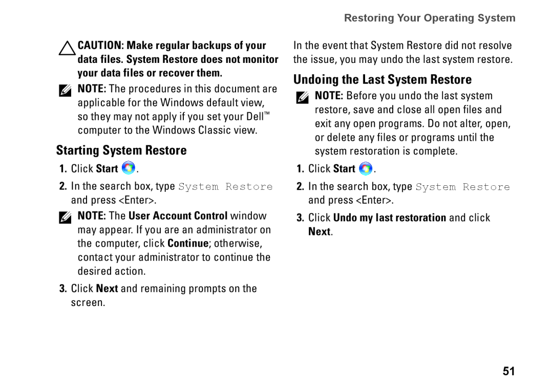 Dell P04F001, 1570, 81TR2, 1470 Starting System Restore, Undoing the Last System Restore, Restoring Your Operating System 