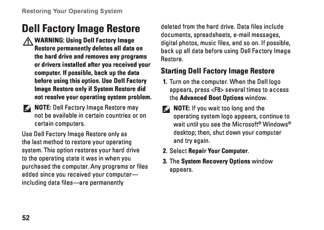 Dell P04F series Starting Dell Factory Image Restore, Select Repair Your Computer, Restoring Your Operating System 