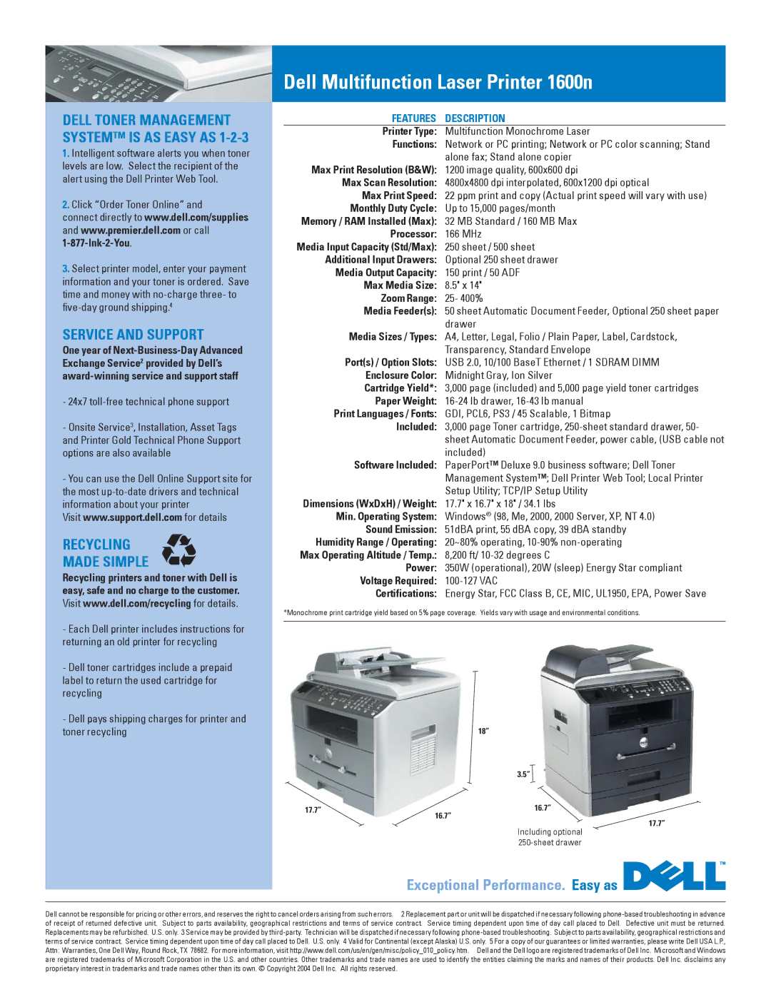 Dell 1600n Printer Type, Functions, Max Print Resolution B&W, Max Scan Resolution, Max Print Speed, Monthly Duty Cycle 