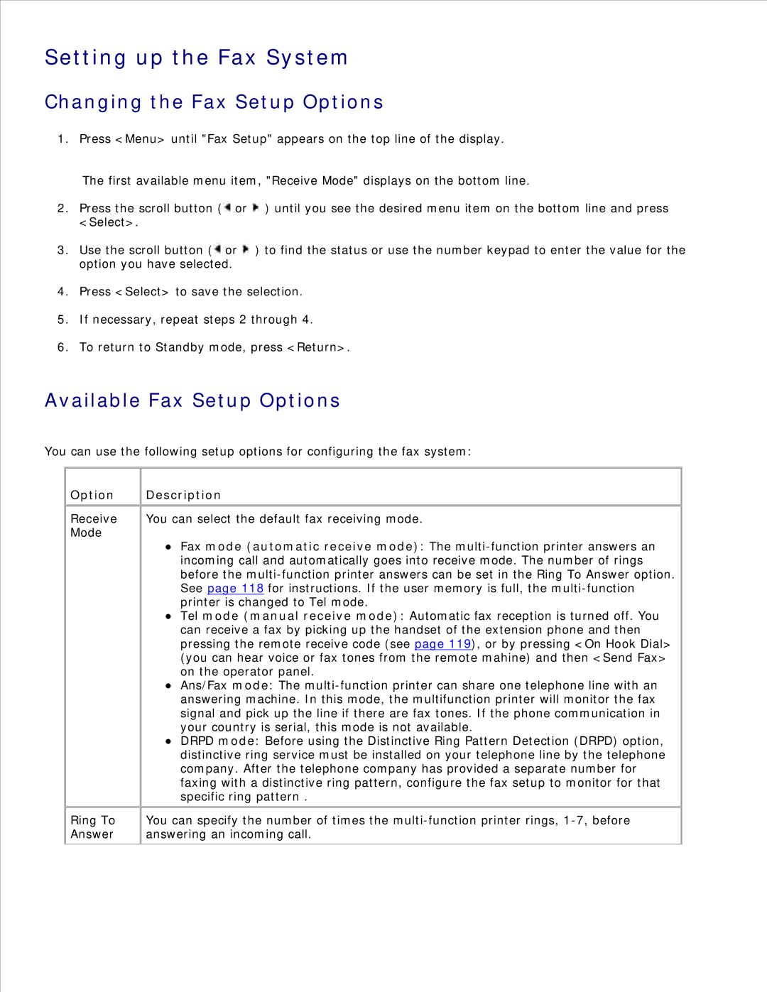 Dell 1600n manual Setting up the Fax System, Changing the Fax Setup Options, Available Fax Setup Options 