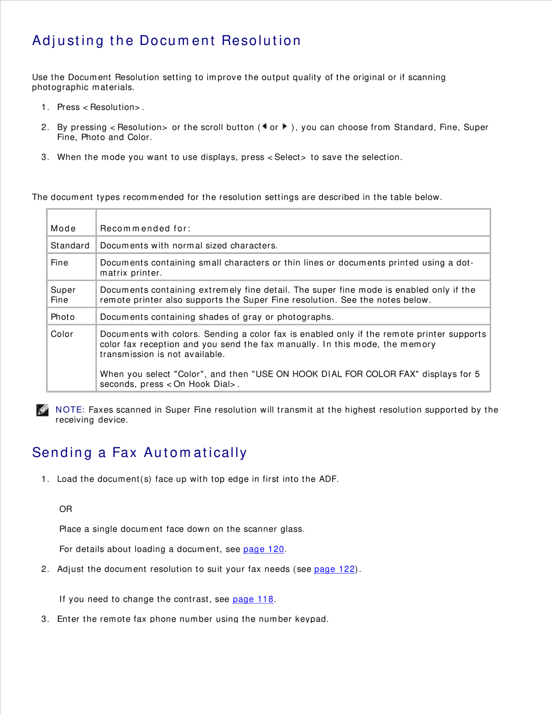 Dell 1600n manual Adjusting the Document Resolution, Sending a Fax Automatically, Mode Recommended for 