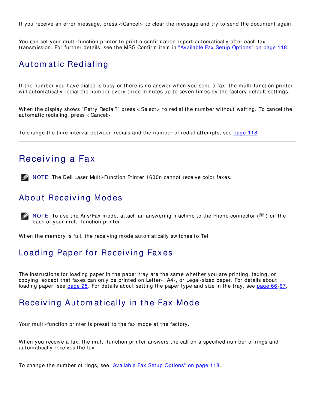 Dell 1600n manual Receiving a Fax, Automatic Redialing, About Receiving Modes, Loading Paper for Receiving Faxes 