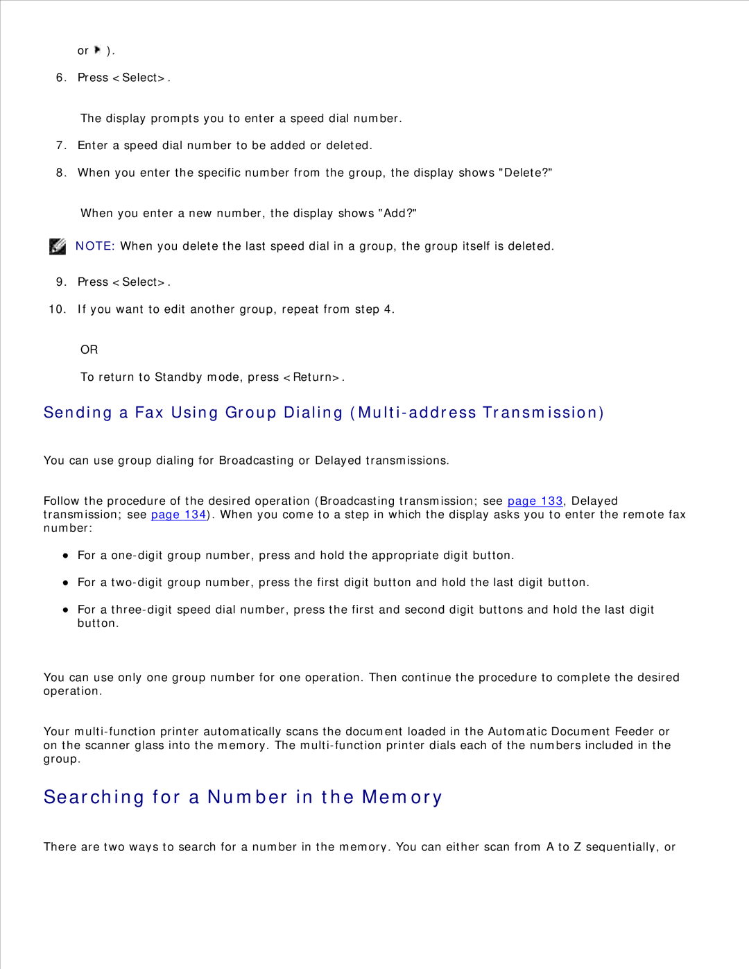 Dell 1600n manual Searching for a Number in the Memory, Sending a Fax Using Group Dialing Multi-address Transmission 