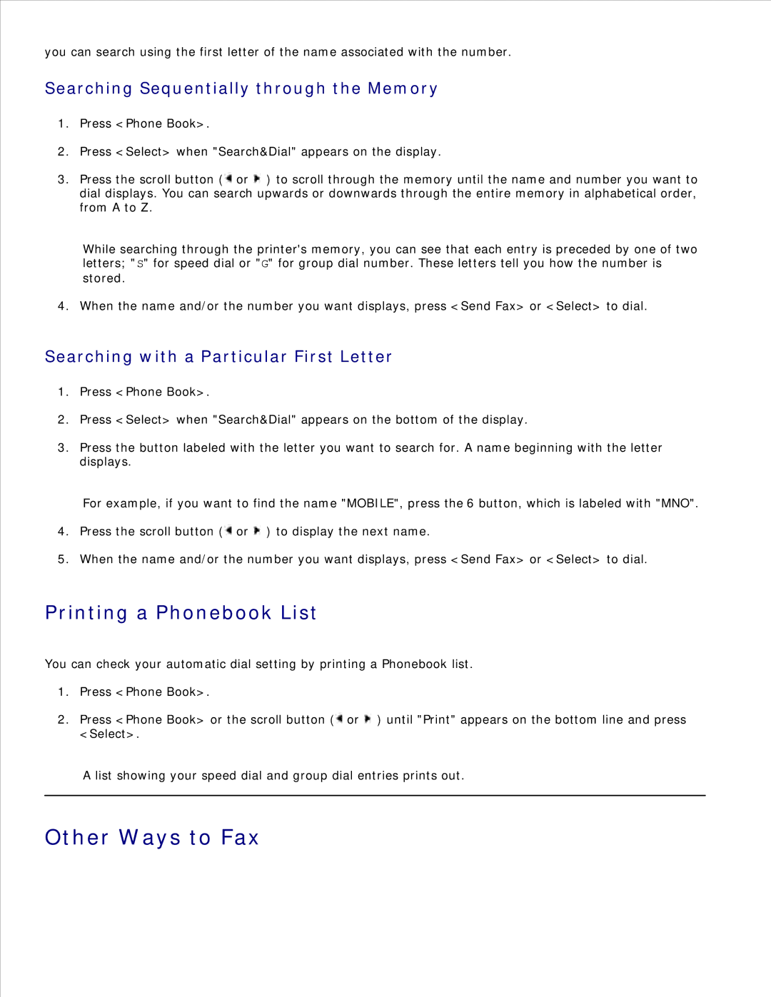 Dell 1600n manual Other Ways to Fax, Printing a Phonebook List, Searching Sequentially through the Memory 