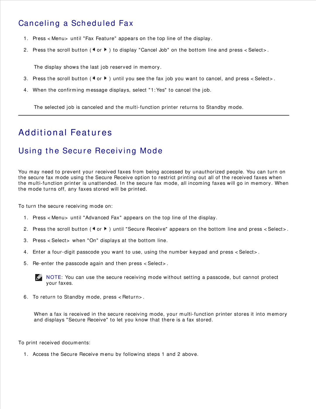 Dell 1600n manual Additional Features, Canceling a Scheduled Fax, Using the Secure Receiving Mode 