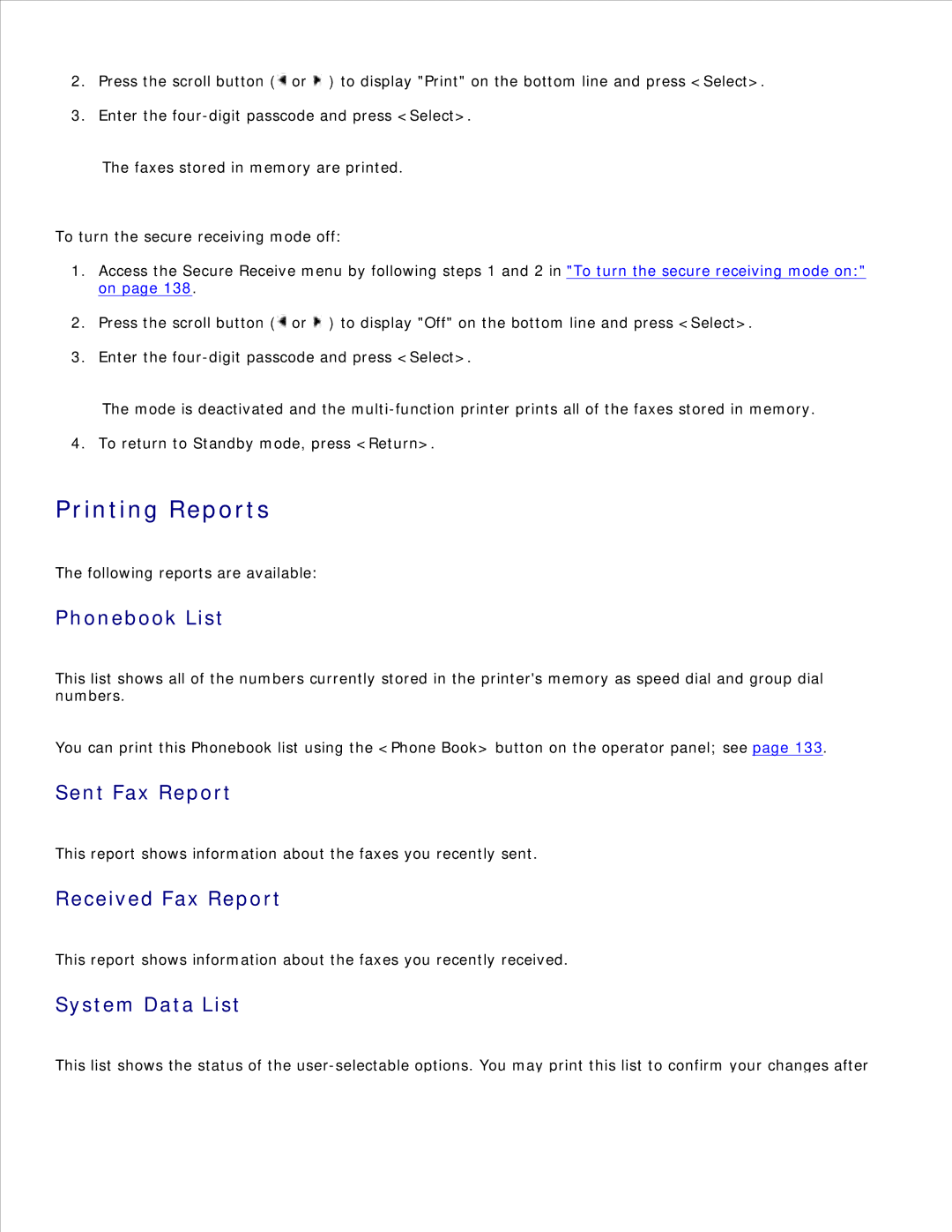 Dell 1600n manual Printing Reports, Phonebook List, Sent Fax Report, Received Fax Report, System Data List 