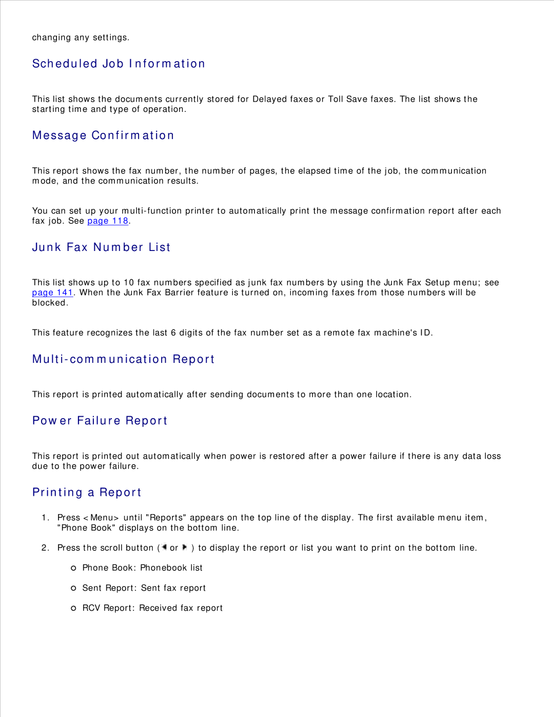Dell 1600n manual Scheduled Job Information, Message Confirmation, Junk Fax Number List, Multi-communication Report 