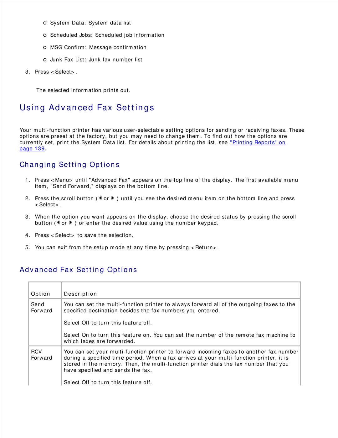 Dell 1600n manual Using Advanced Fax Settings, Changing Setting Options, Advanced Fax Setting Options 