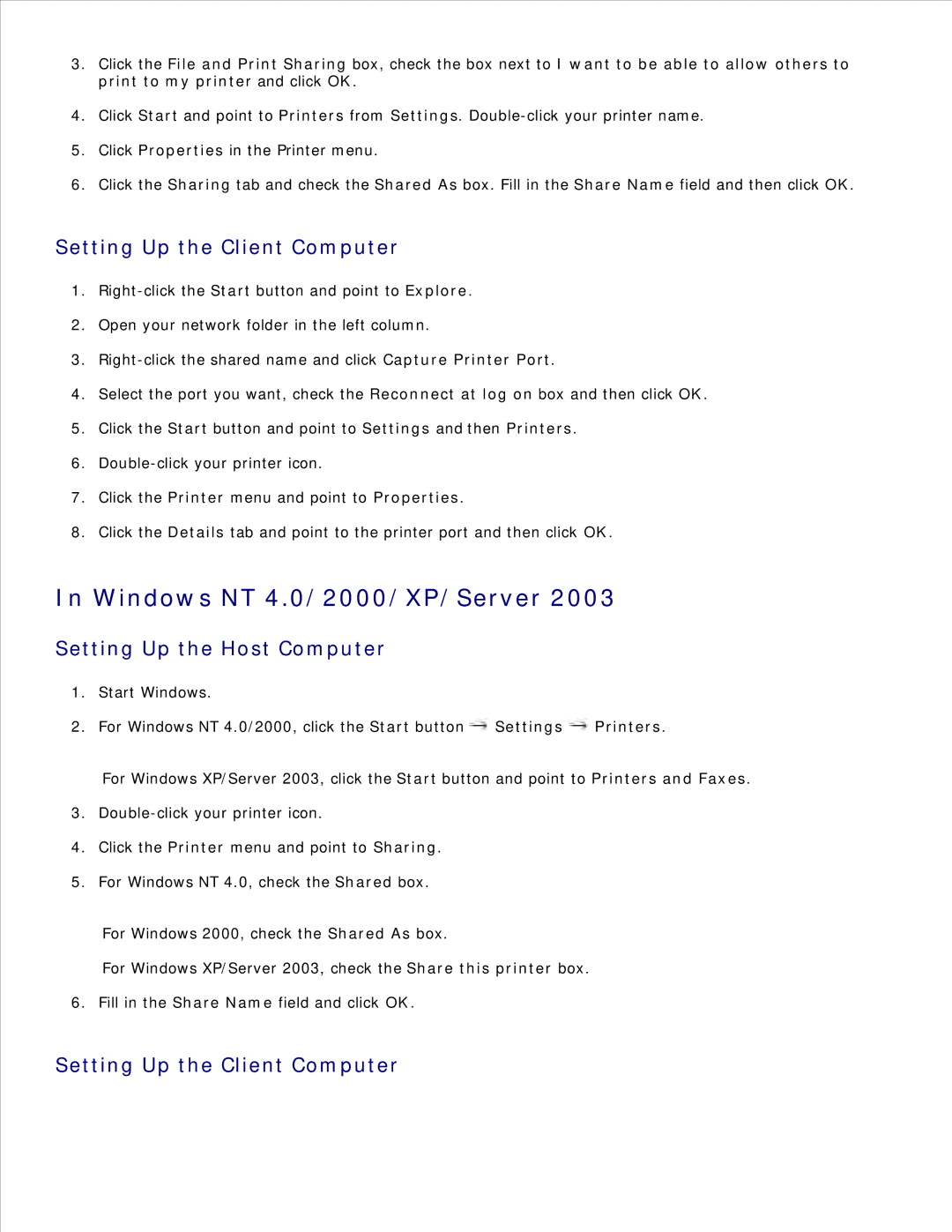 Dell 1600n manual Windows NT 4.0/2000/XP/Server, Setting Up the Client Computer 