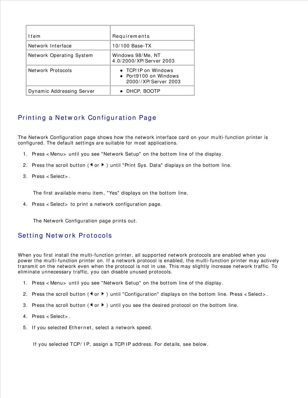 Dell 1600n manual Printing a Network Configuration, Setting Network Protocols, Requirements 