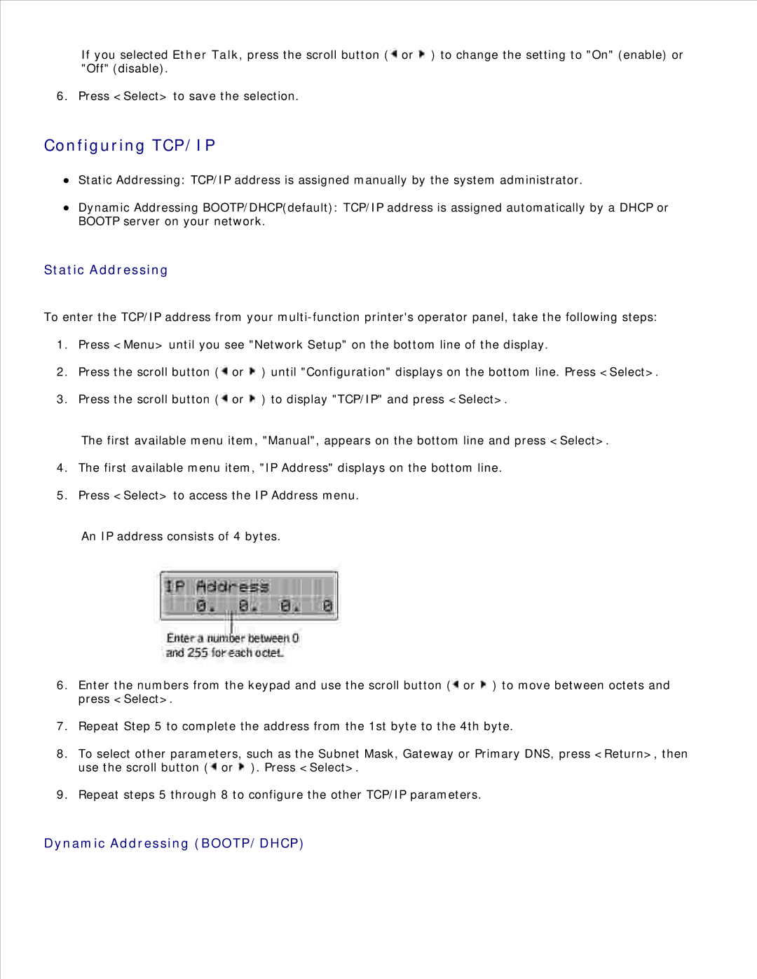 Dell 1600n manual Configuring TCP/IP, Static Addressing 