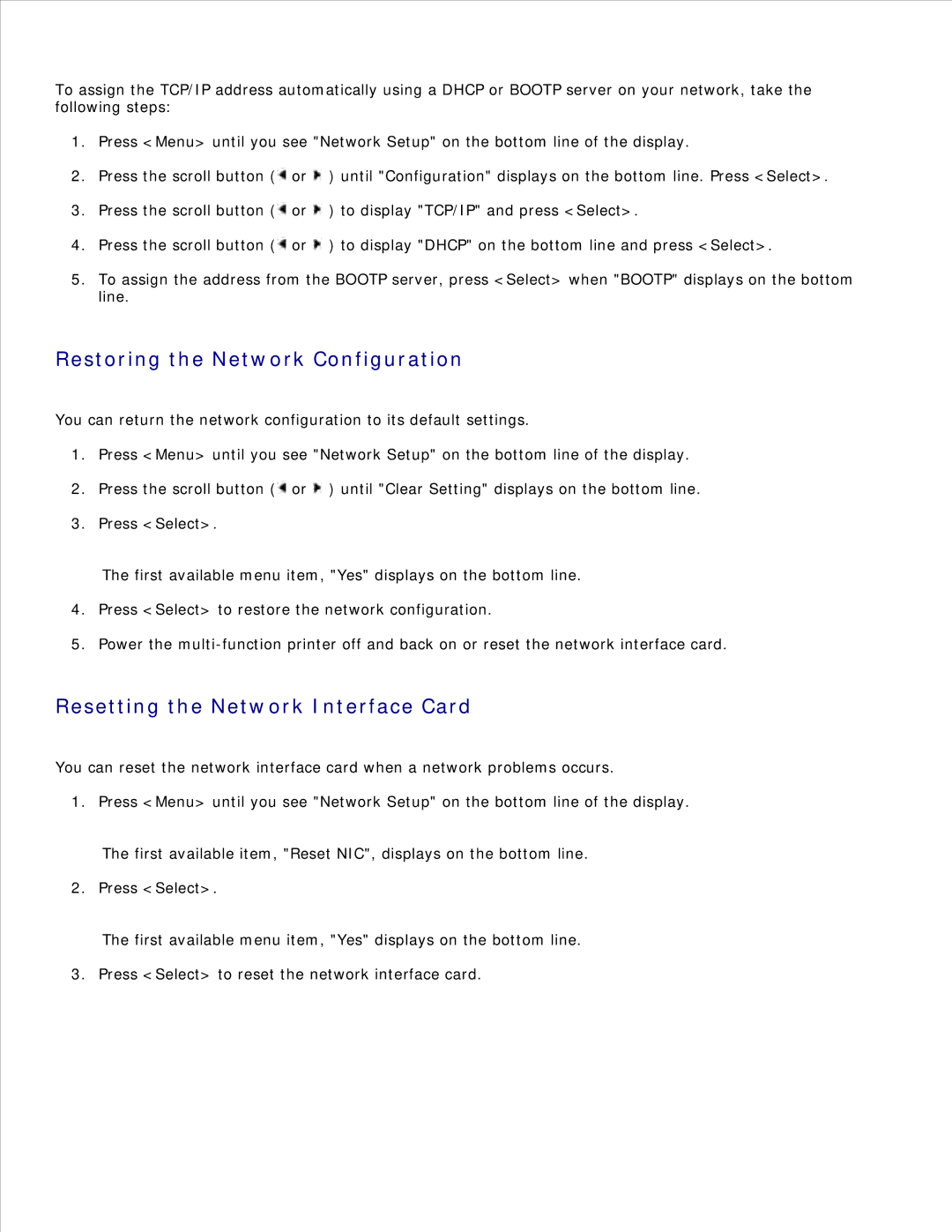 Dell 1600n manual Restoring the Network Configuration, Resetting the Network Interface Card 