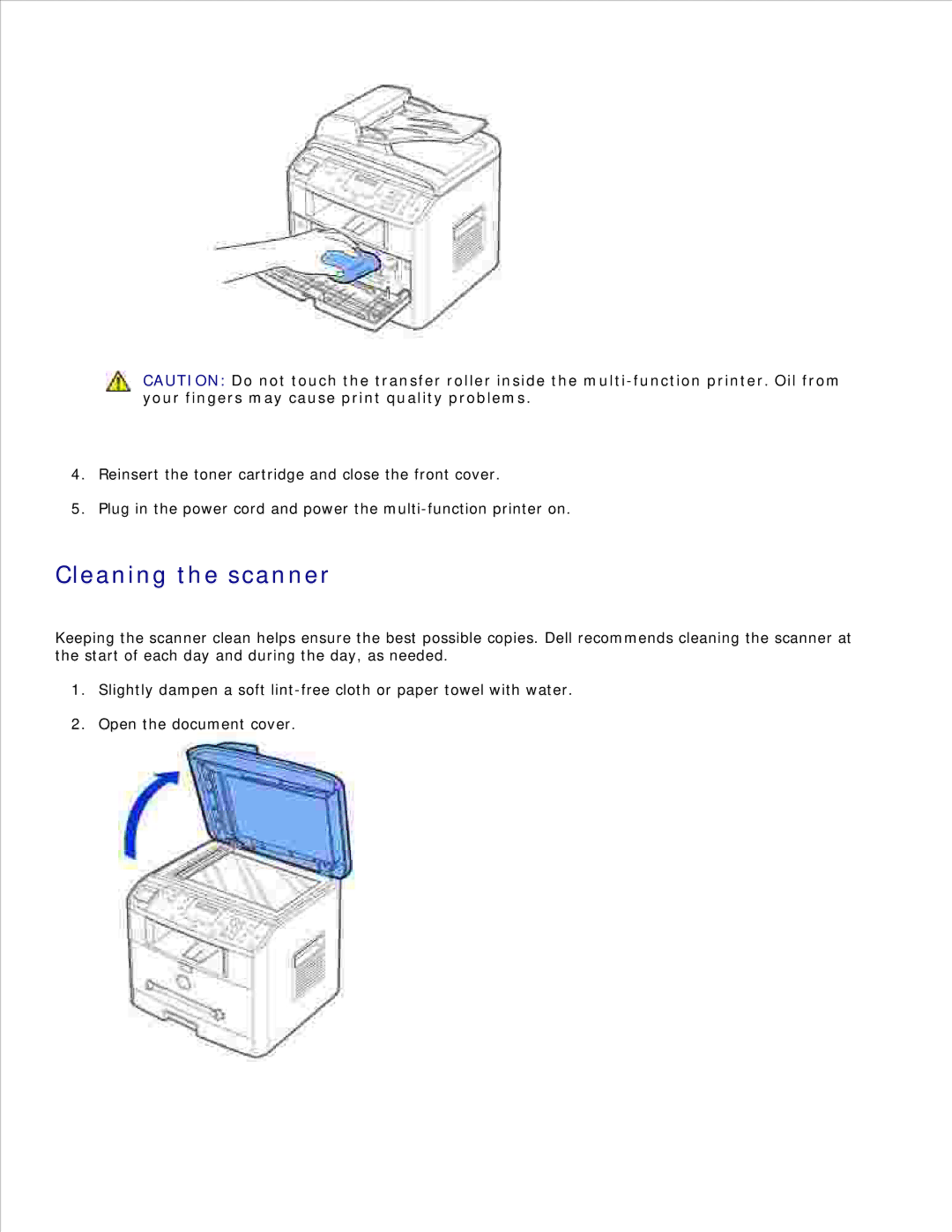 Dell 1600n manual Cleaning the scanner, Your fingers may cause print quality problems 