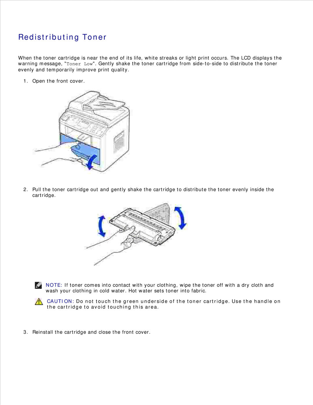 Dell 1600n manual Redistributing Toner, Cartridge to avoid touching this area 