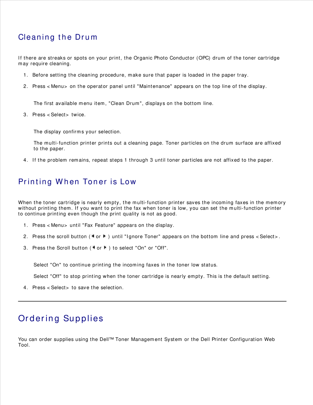 Dell 1600n manual Ordering Supplies, Cleaning the Drum, Printing When Toner is Low 