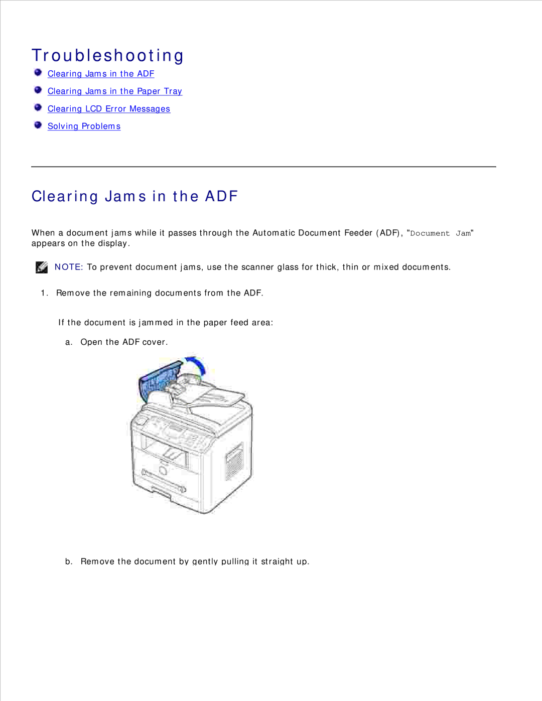 Dell 1600n manual Troubleshooting, Clearing Jams in the ADF 