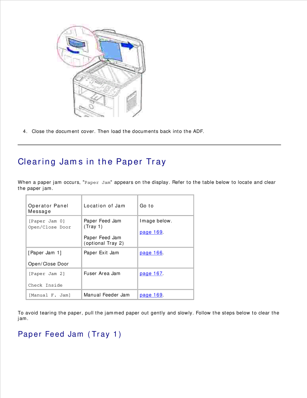 Dell 1600n manual Clearing Jams in the Paper Tray, Paper Feed Jam Tray, Operator Panel Message, Location of Jam, Go to 