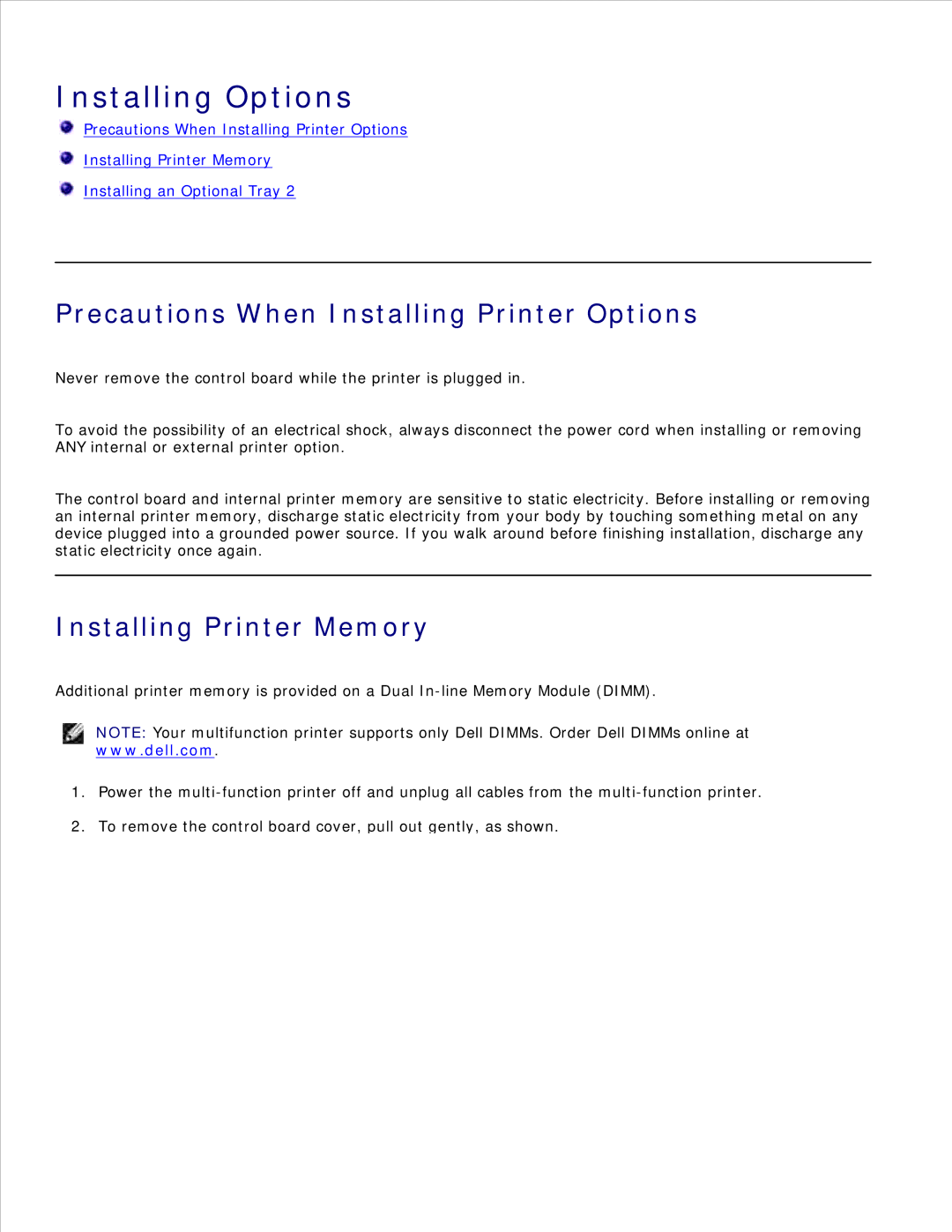 Dell 1600n manual Precautions When Installing Printer Options, Installing Printer Memory 