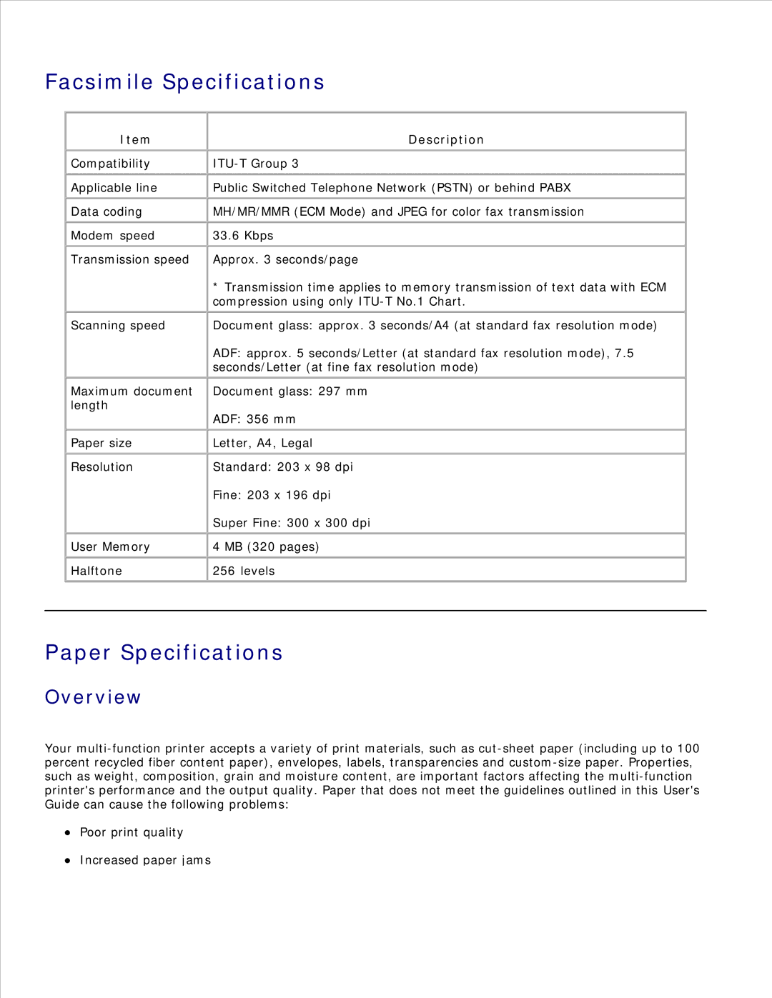 Dell 1600n manual Facsimile Specifications, Paper Specifications, Overview 